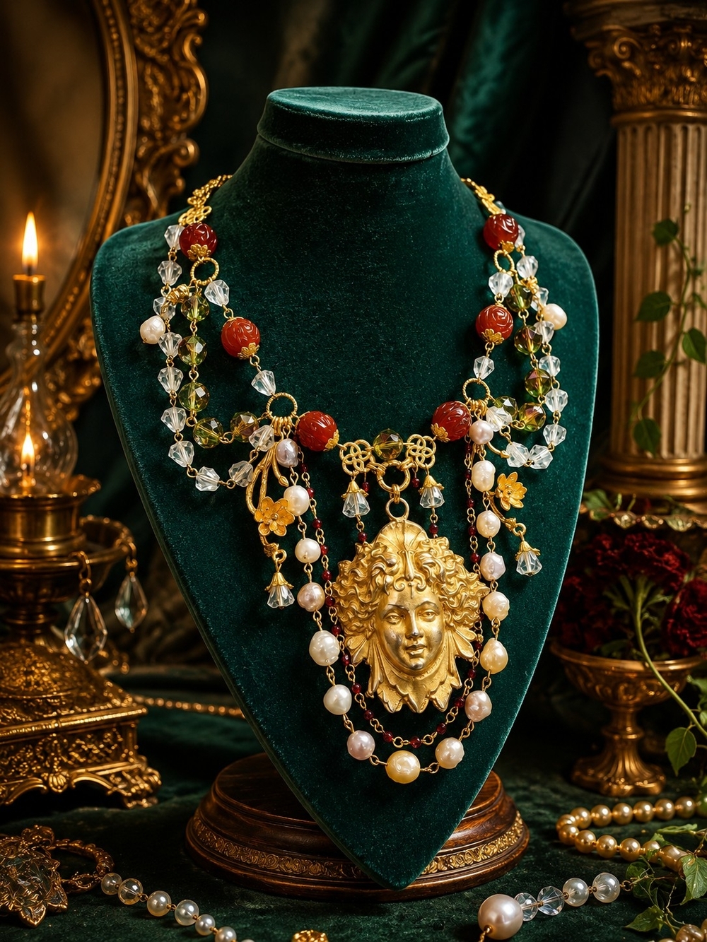 Gold-tone Baroque Medusa Pendant Necklace with Red and Pearl Accents